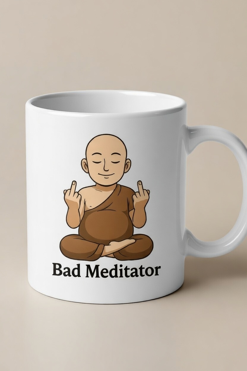 Bad Meditator mug with monk mascot flipping double birds