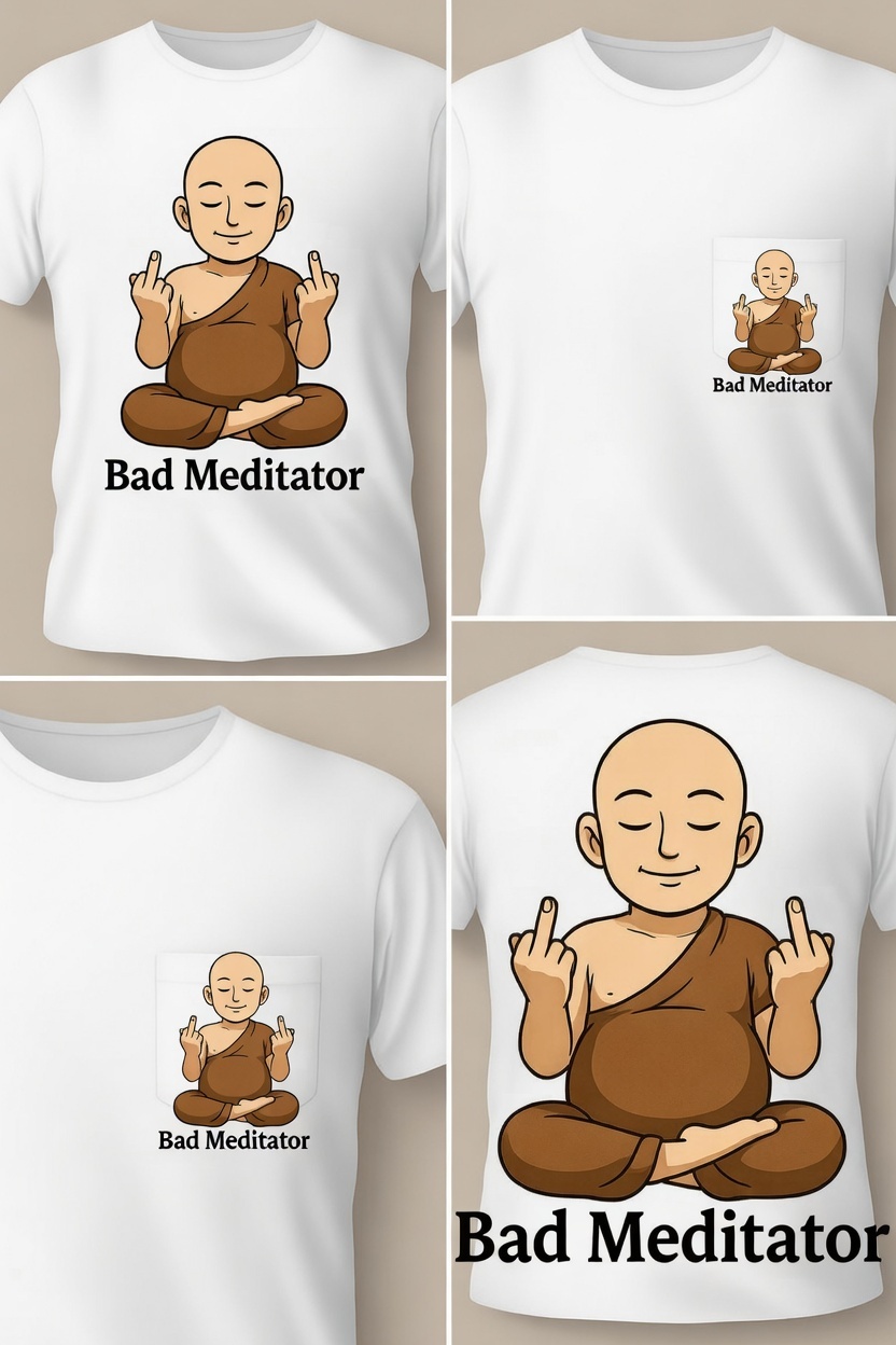 Bad Meditator t-shirt collection: full front, pocket print, and oversized back print