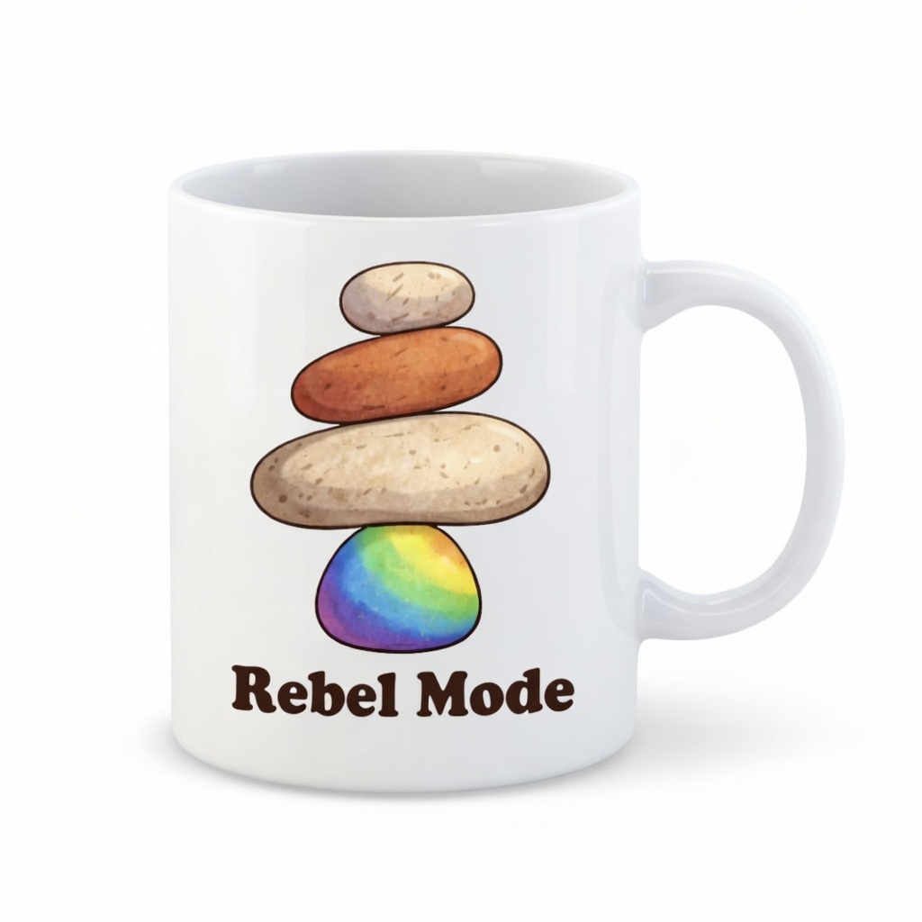 Rebel Mode coffee mug with stacked zen stones and rainbow base